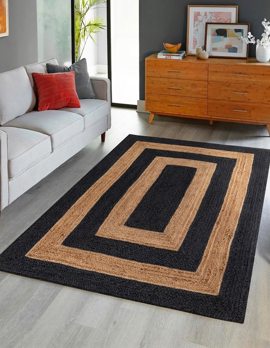 Black Jute Rug area rug with geometric square pattern in black and natural jute fibers