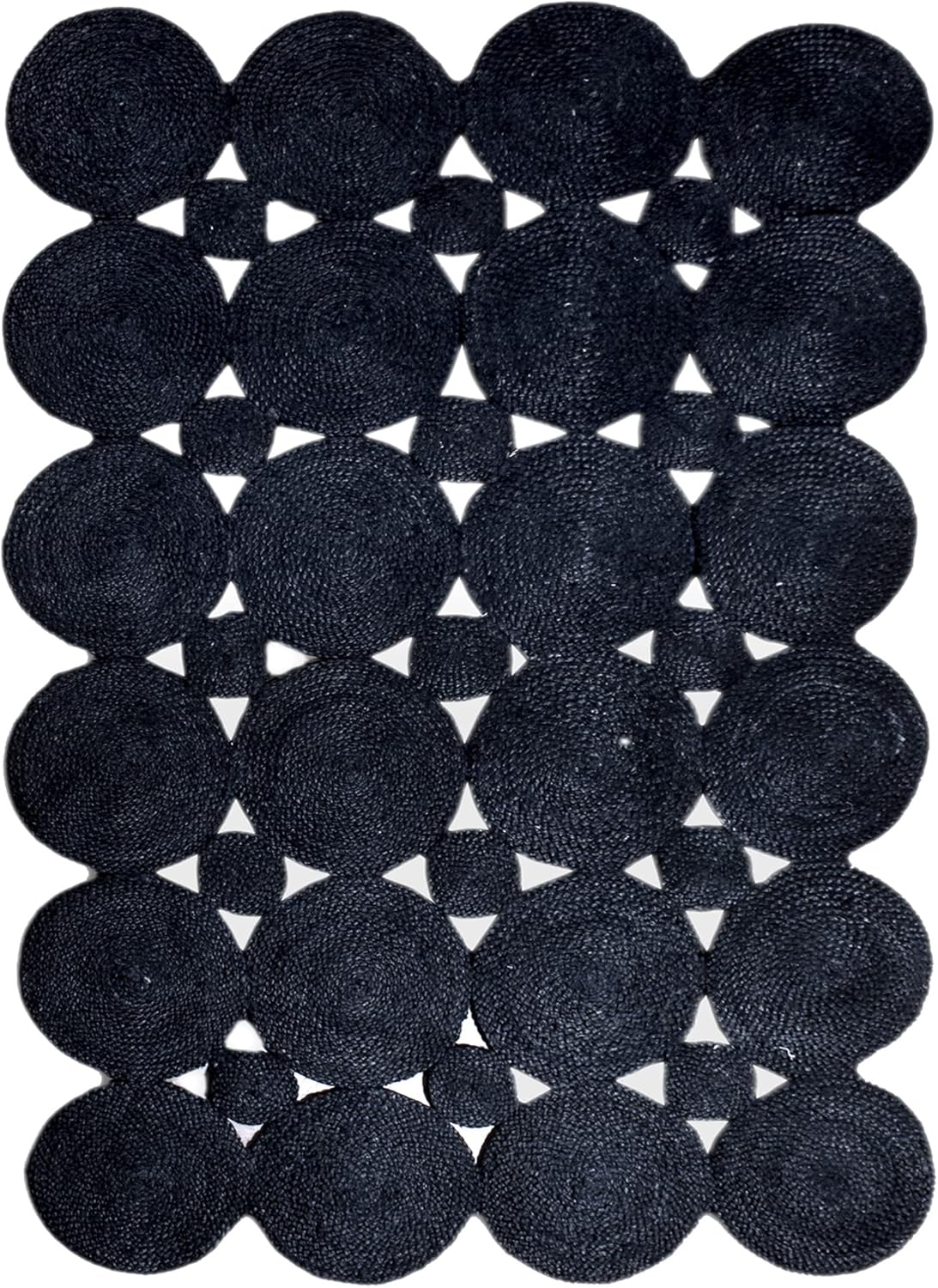 Dark blue braided rug with circular and triangular patterns, made of durable materials for stylish home decor.