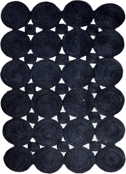 Dark blue braided rug with circular and triangular patterns, made of durable materials for stylish home decor.
