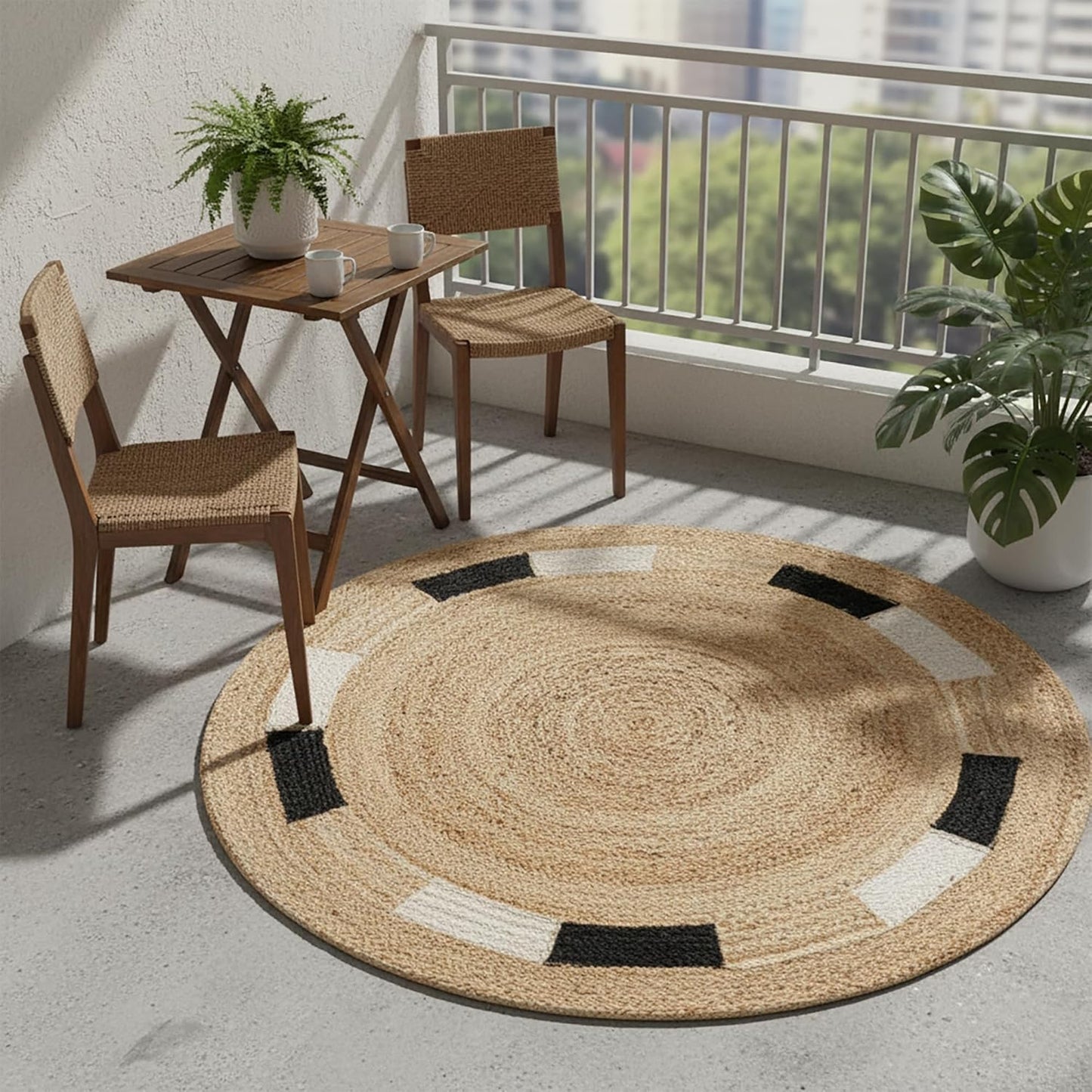 Round natural jute rug with black and white accents, perfect for outdoor patio decor.