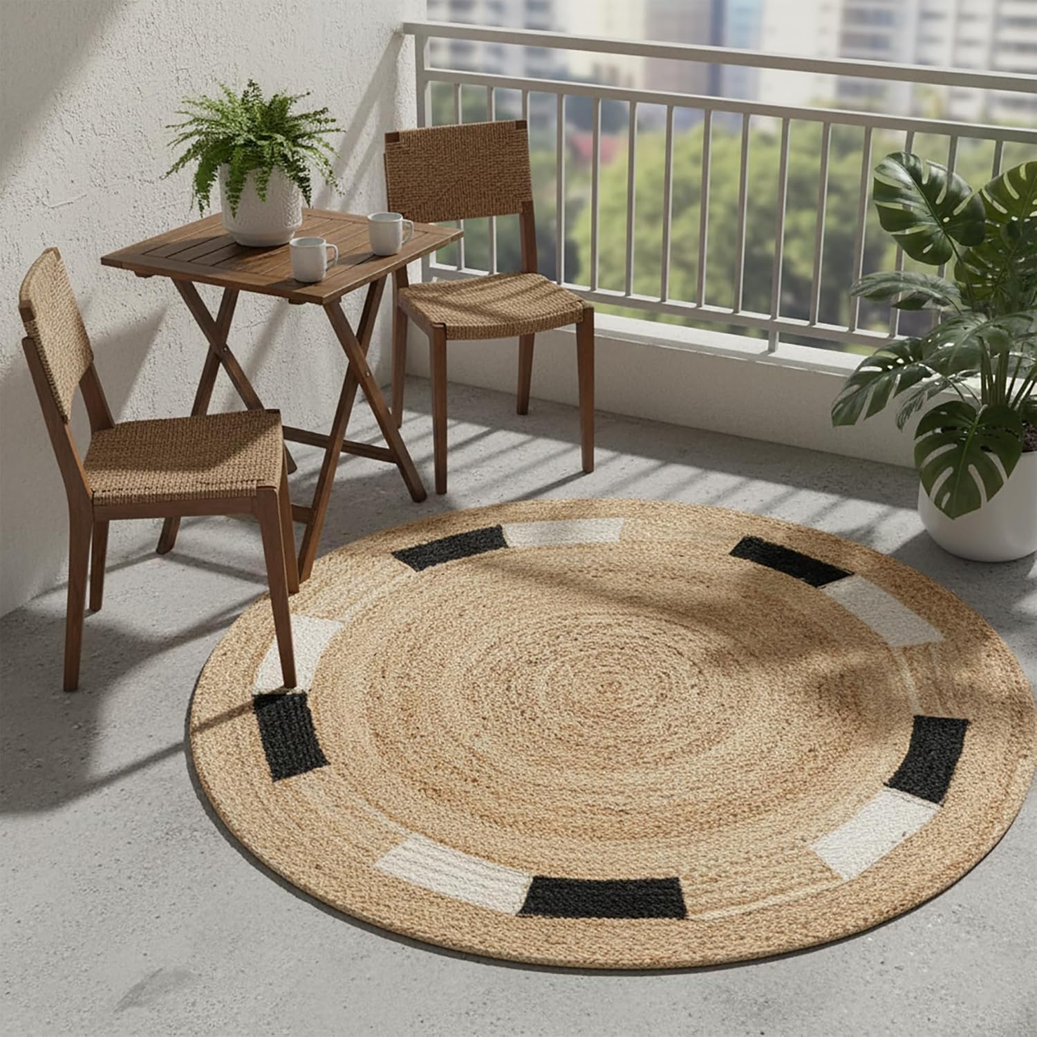 Round natural jute rug with black and white accents, perfect for outdoor patio decor.
