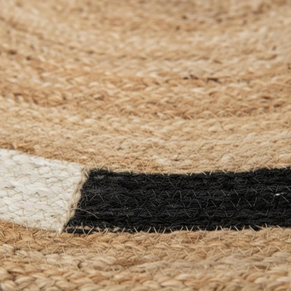 Natural jute area rug featuring black and white striped patterns, ideal for bohemian decor.