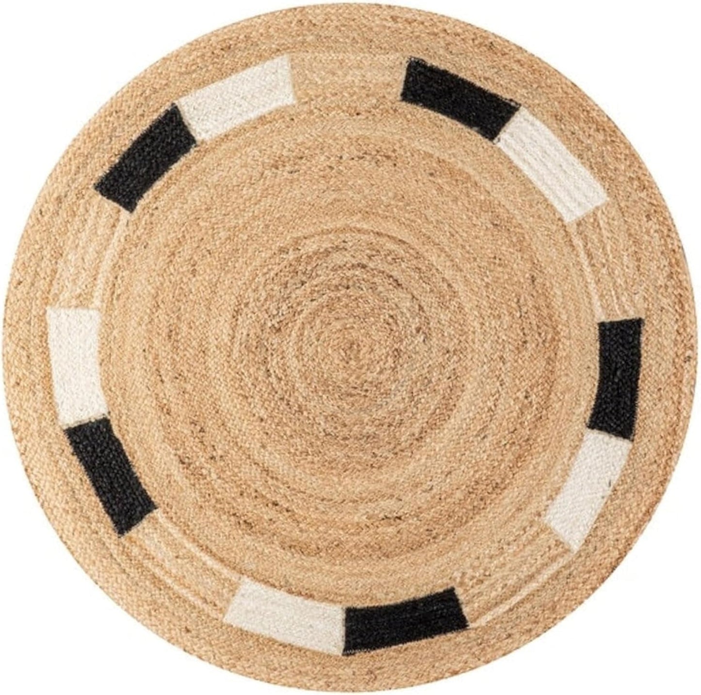 Round jute rug with black and white geometric patterns, ideal for natural decor and modern interiors.