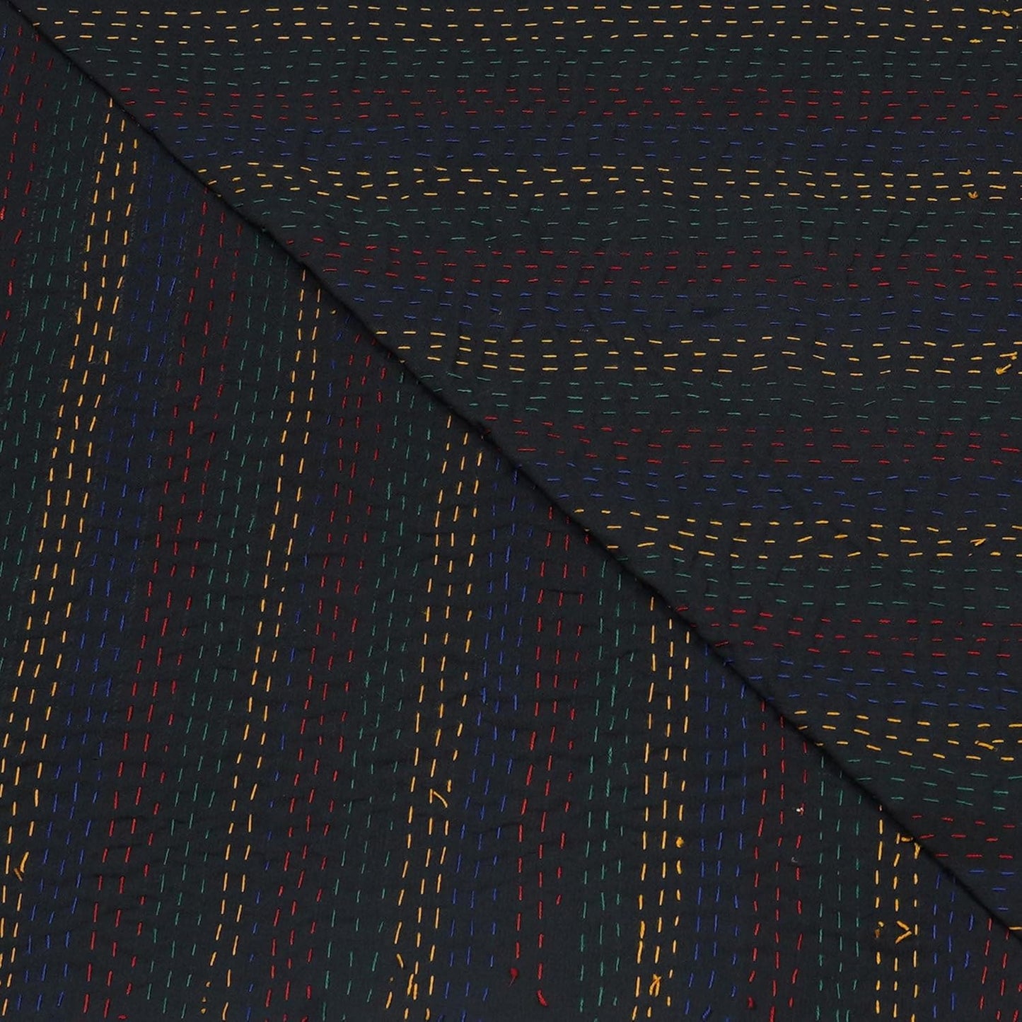Close-up of dark fabric with multicolored stitching
