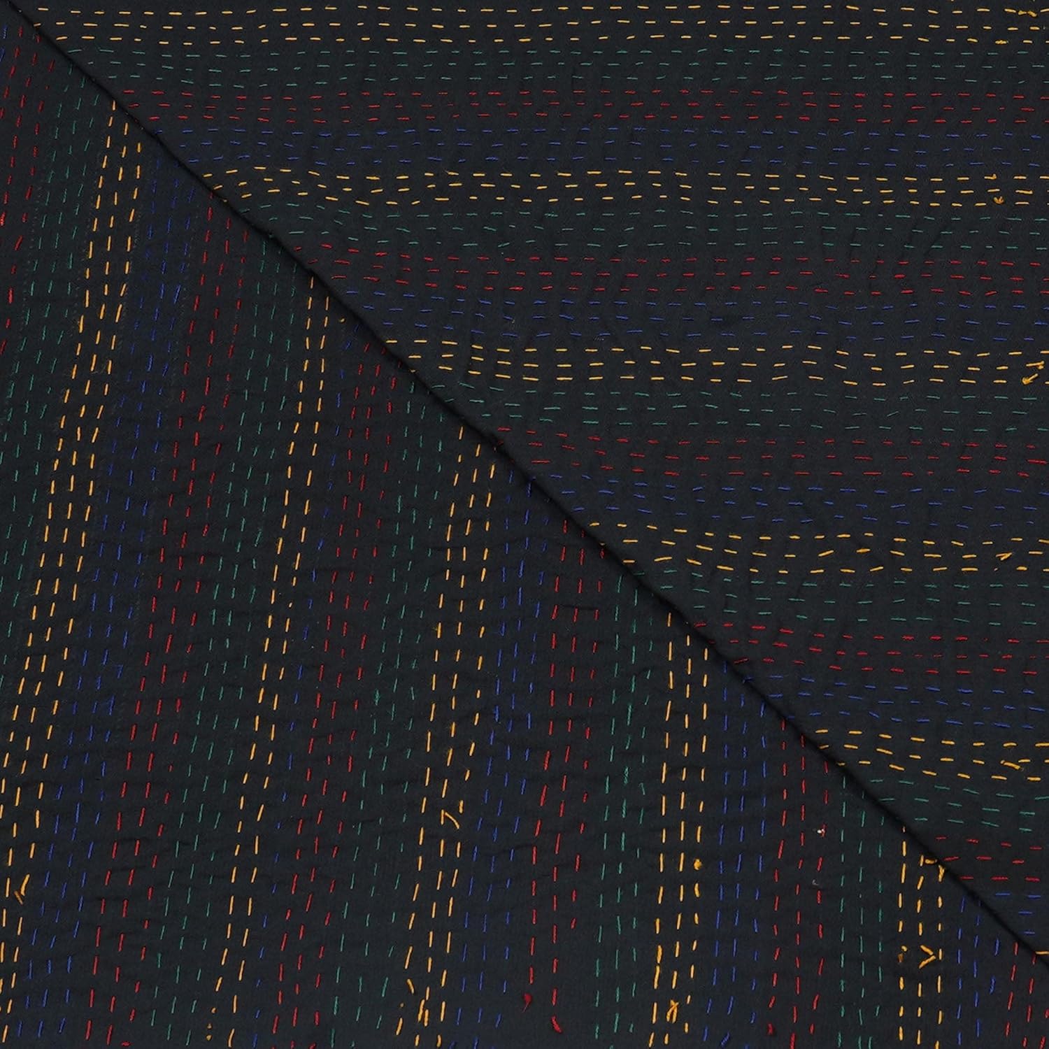 Close-up of dark fabric with multicolored stitching