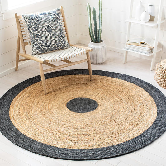 Round jute rug with black and natural tones, ideal for bohemian home decor.