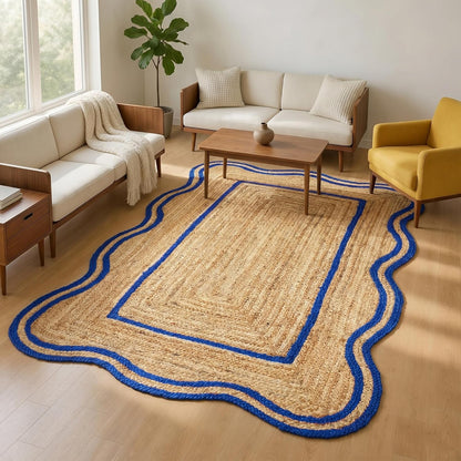 Natural Jute Area Rug with blue scalloped edges, ideal for living room or dining area decor.