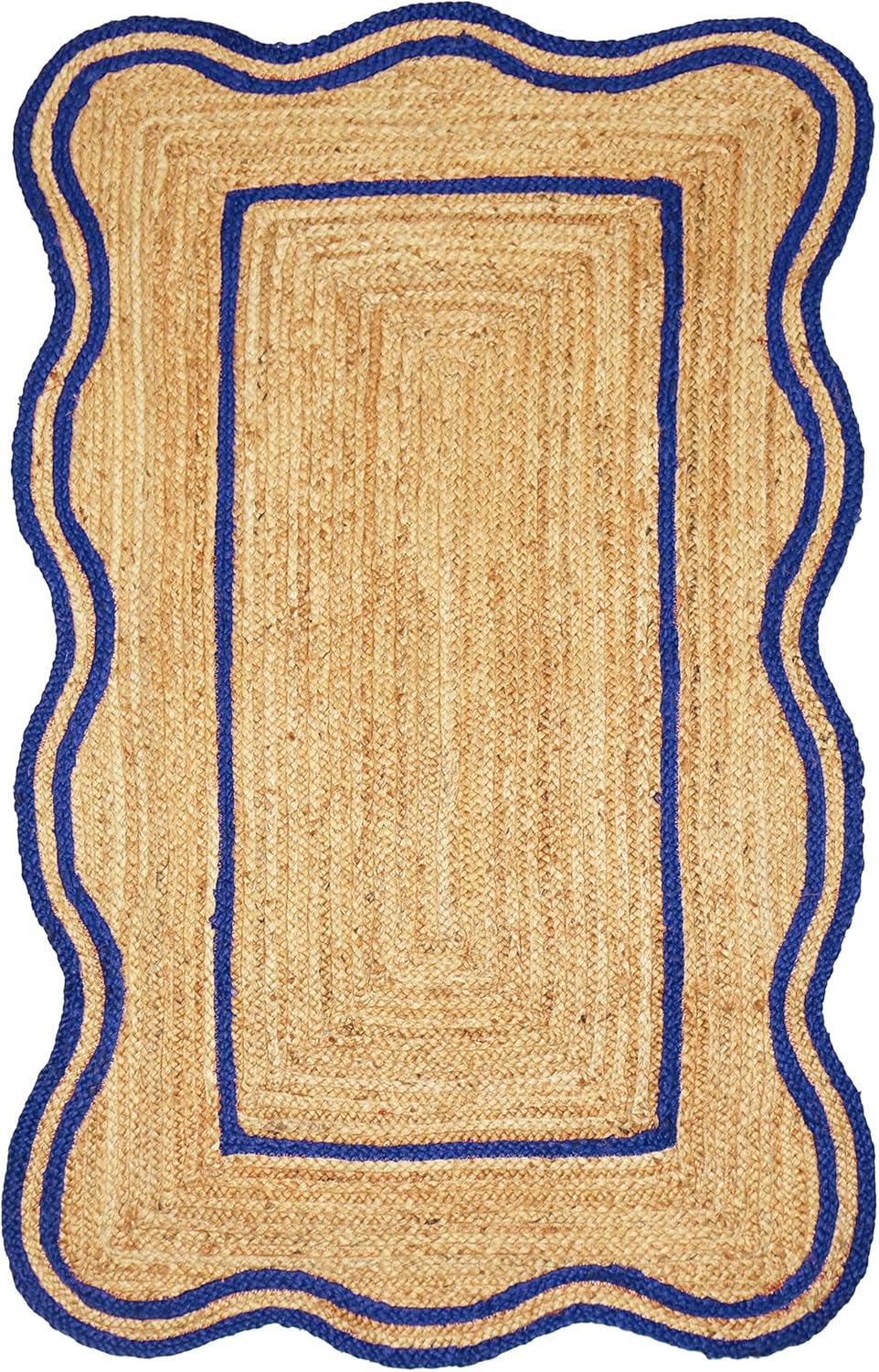 Natural Jute Area Rug with scalloped edges and blue trim, ideal for living room or entryway use.