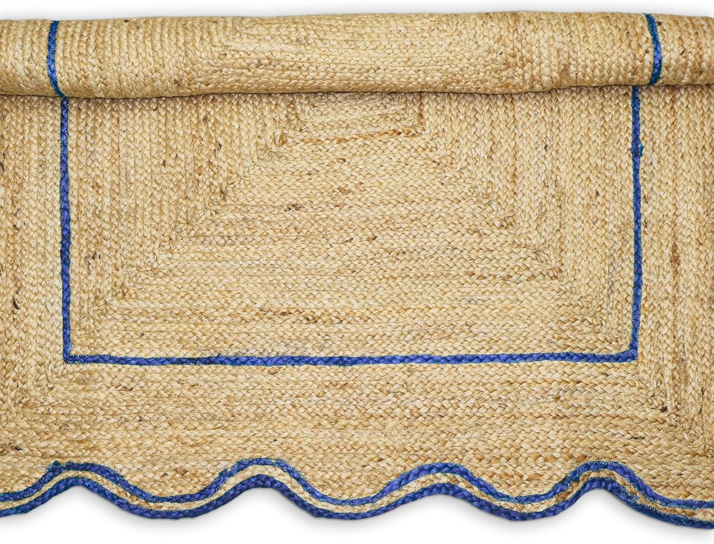 Natural Jute Area Rug with blue scalloped edges, ideal for living room or entryway decor.
