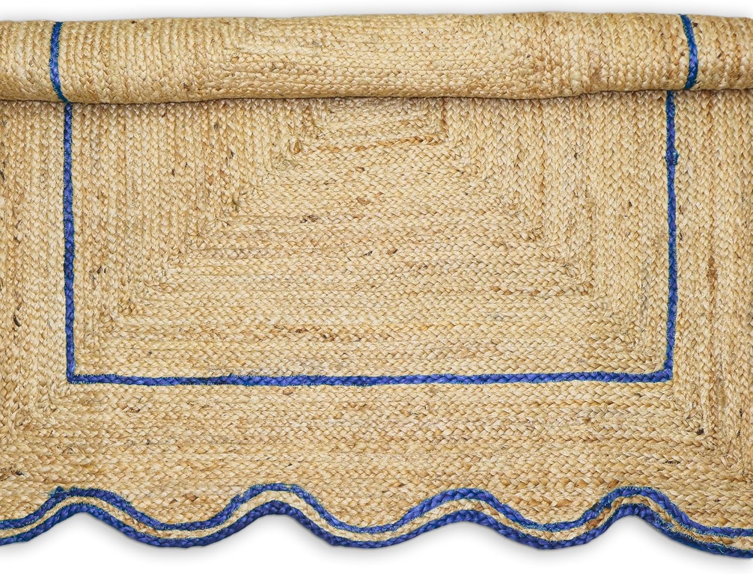 Natural Jute Area Rug with blue scalloped edges, ideal for living room or entryway decor.