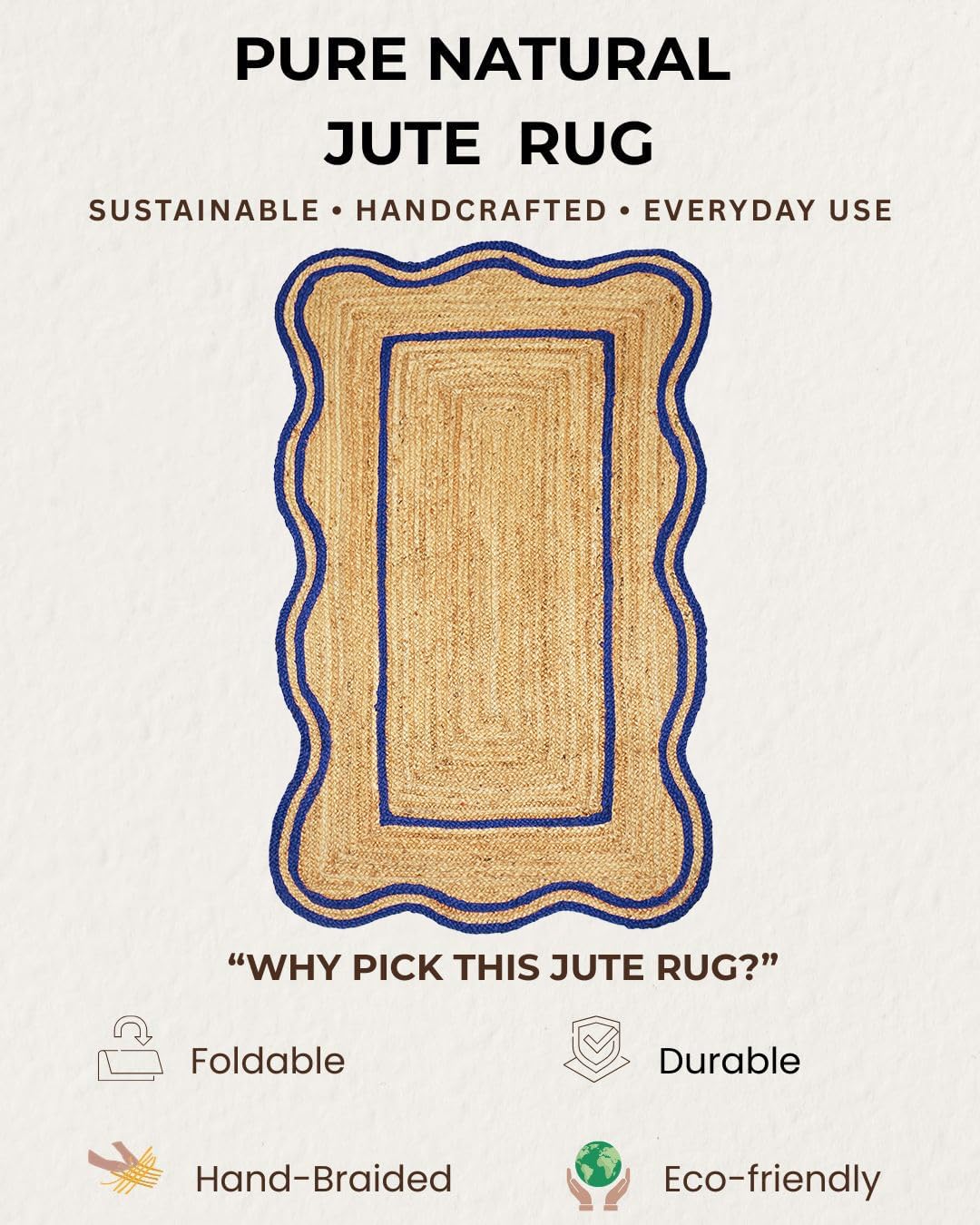 Handmade Natural Jute Area Rug with blue border, eco-friendly design for indoor and outdoor use