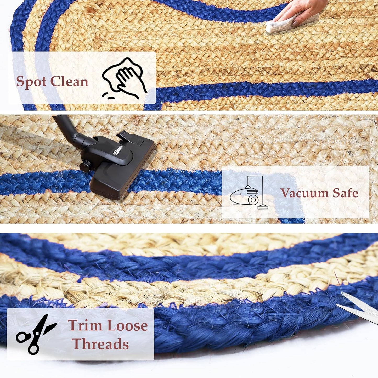 Natural Jute Area Rug with blue accents, perfect for indoor and outdoor spaces, easy to clean and maintain.