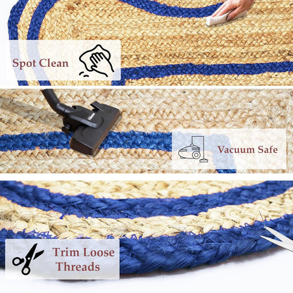 Natural Jute Area Rug with blue accents, perfect for indoor and outdoor spaces, easy to clean and maintain.