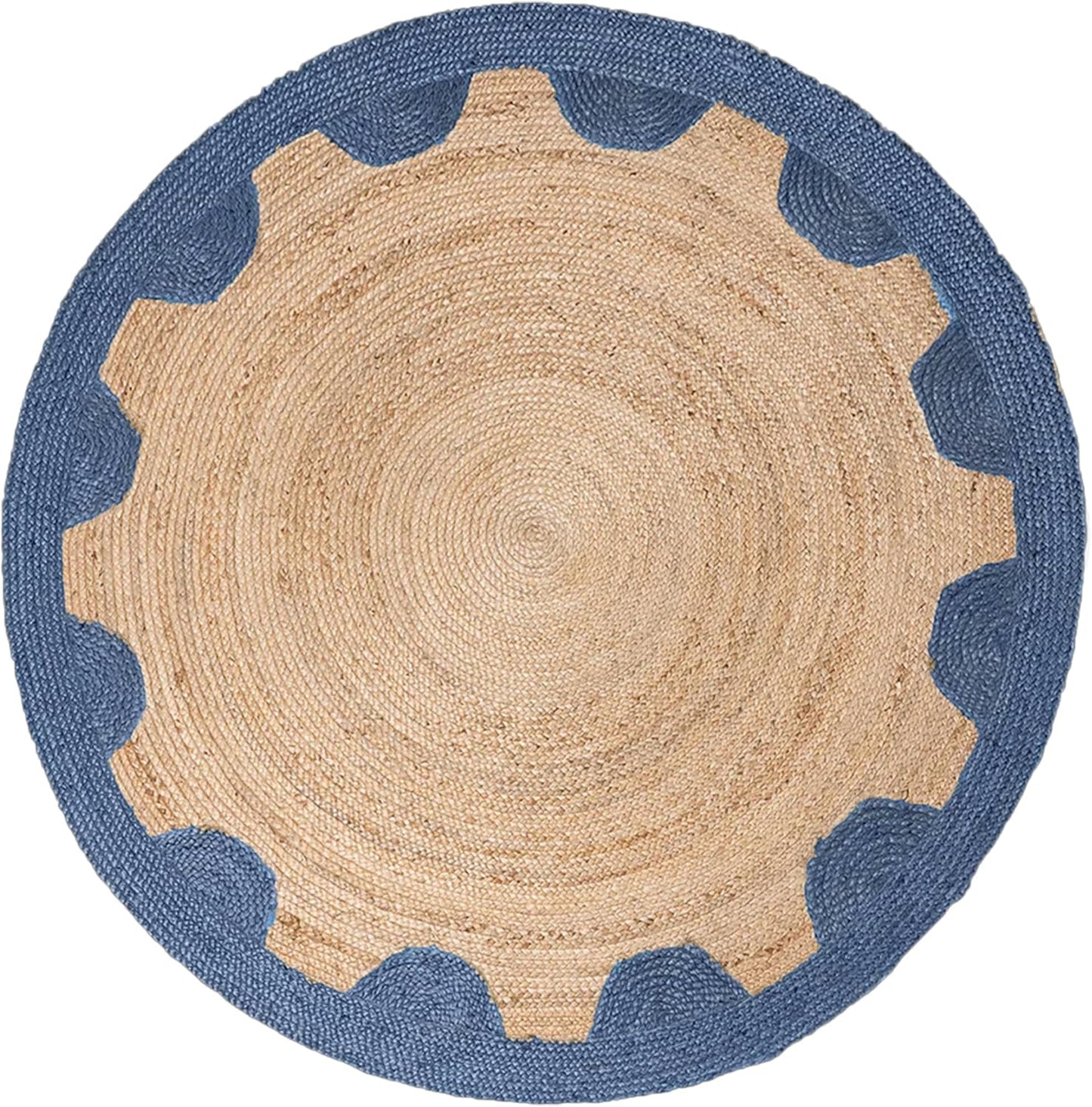 Natural Jute Area Rug with a round shape and scalloped blue border, ideal for indoor or outdoor use.