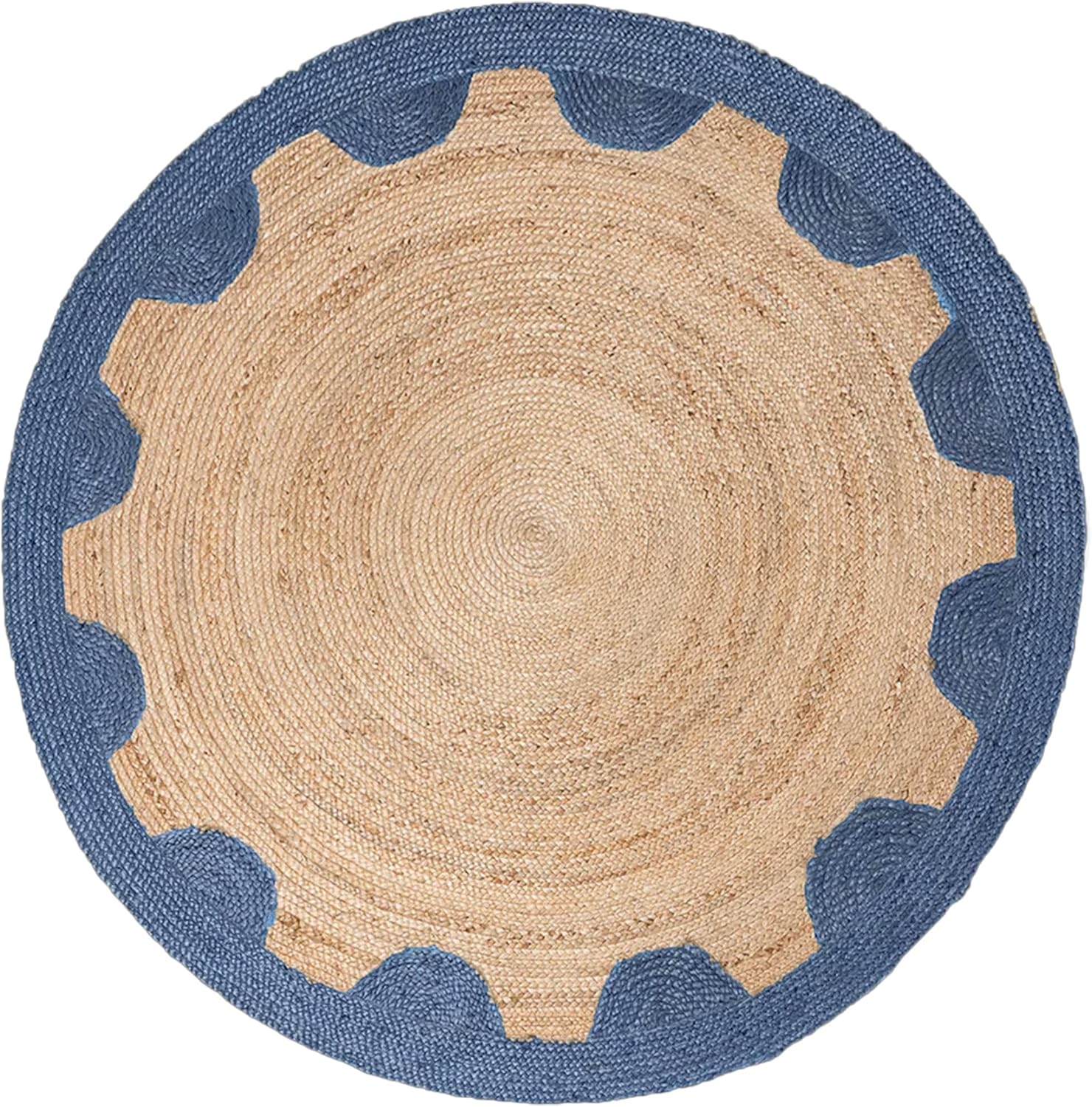 Natural Jute Area Rug with a round shape and scalloped blue border, ideal for indoor or outdoor use.