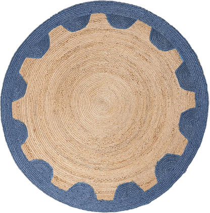 Natural Jute Area Rug with a round shape and scalloped blue border, ideal for indoor or outdoor use.