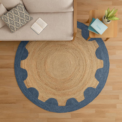Natural Jute Area Rug in round shape with a blue scalloped border, suitable for living room or entryway.