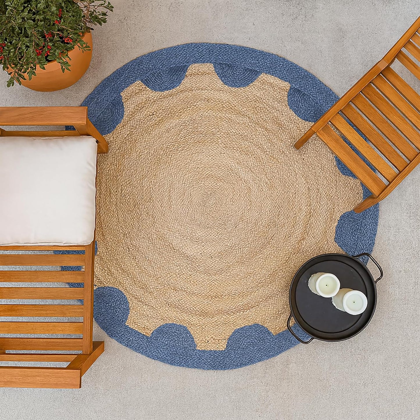 Natural Jute Area Rug with blue scalloped edge, perfect as a round rug for living room or outdoor space.