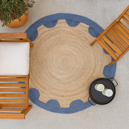 Natural Jute Area Rug with blue scalloped edge, perfect as a round rug for living room or outdoor space.