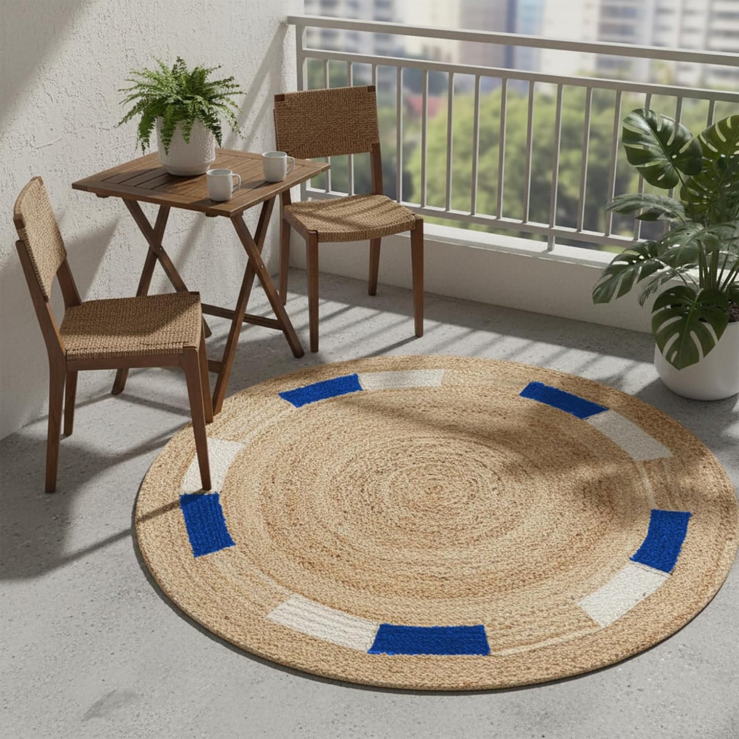 Round jute rug with blue and white accents, perfect for balconies or patios.