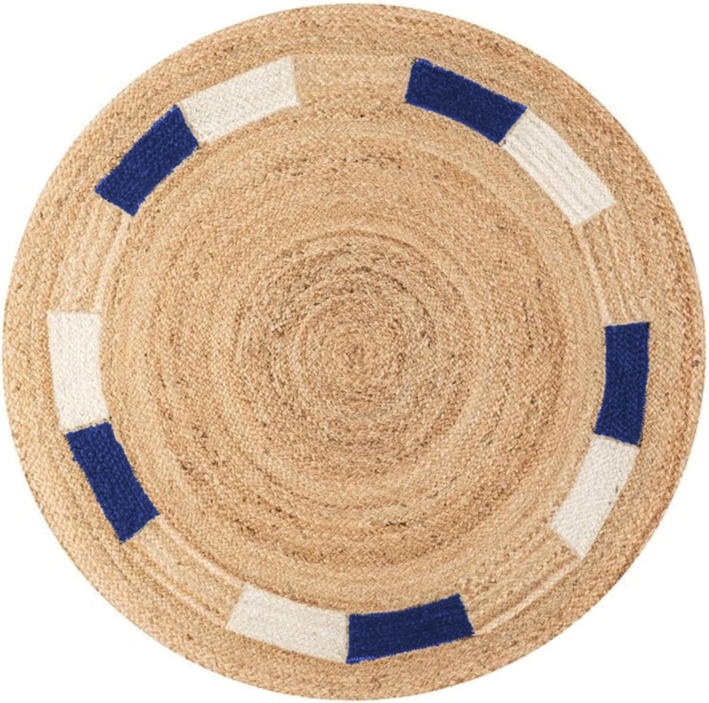 Round jute area rug with blue and white accents, eco-friendly, stylish décor for any living space.