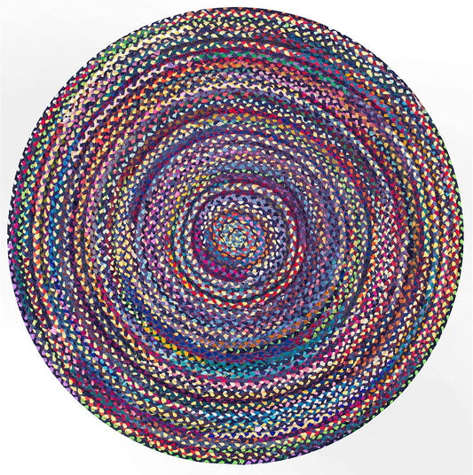 Round multicolored braided rug on a white background