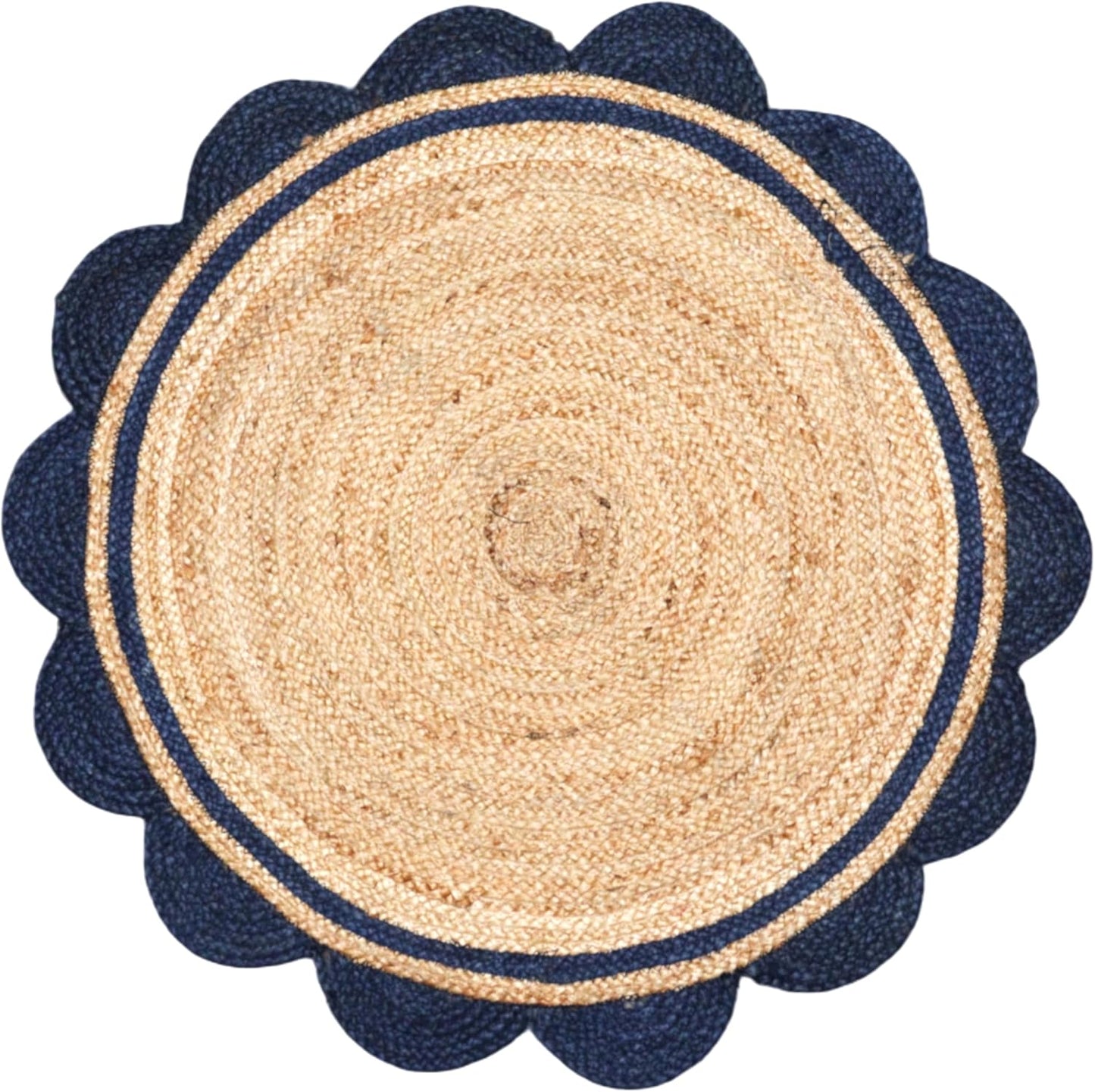 Round jute rug with navy border on a white background