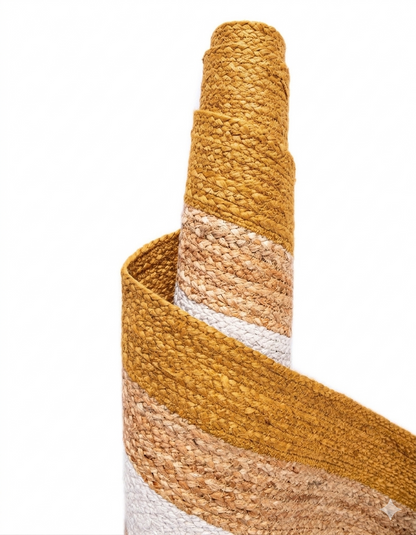 handmade Jute Runner in natural tan braided jute with light woven border stripes