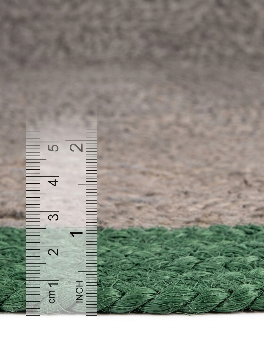 Green woven mat with a ruler for scale on a textured brown background