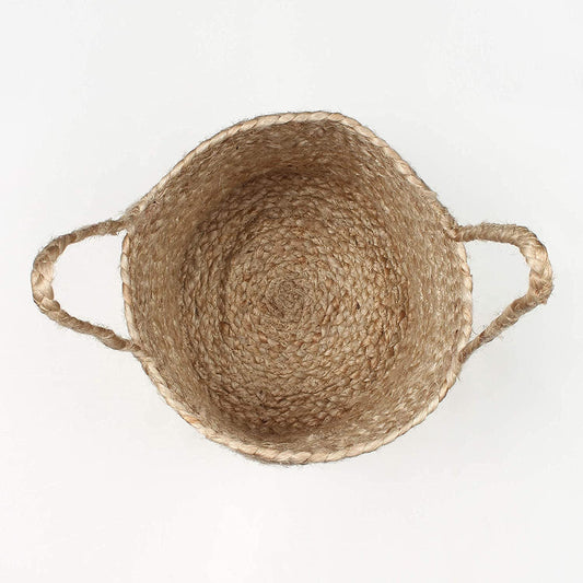 Boho style handmade jute storage basket with braided texture for organizing toys, laundry, blankets, and household essentials.