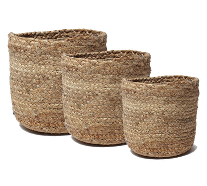 Boho style natural jute storage basket set with woven handmade finish for stylish and eco-friendly home organization.