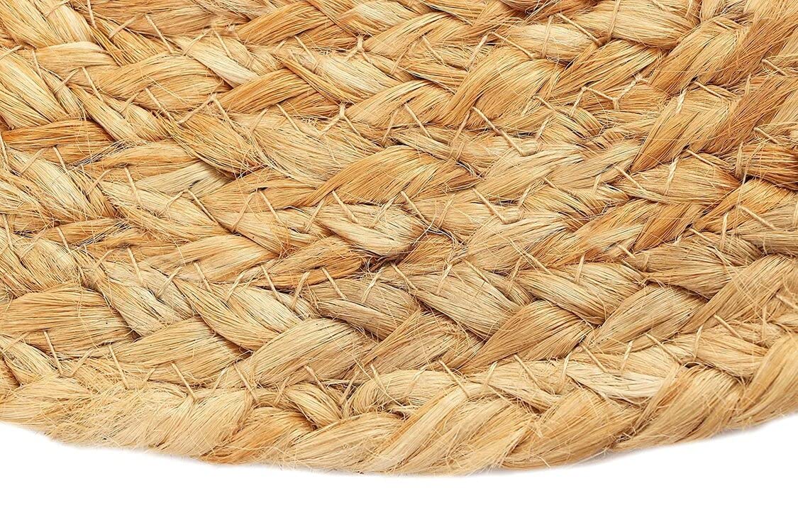 Boho style round jute dining mat adding warmth and texture to modern, coastal, and farmhouse table settings.
