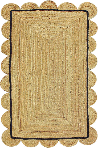Handmade Natural Black Scalloped Jute Rug Rectangle Braided Area Rug Farmhouse