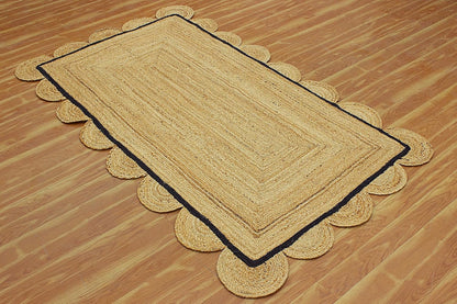 Handmade Natural Black Scalloped Jute Rug Rectangle Braided Area Rug Farmhouse