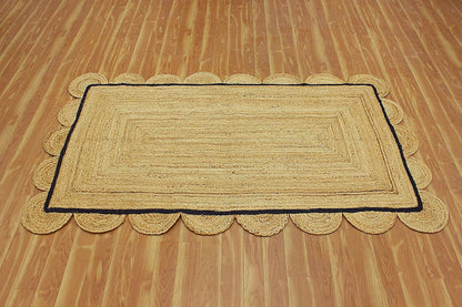 Handmade Natural Black Scalloped Jute Rug Rectangle Braided Area Rug Farmhouse
