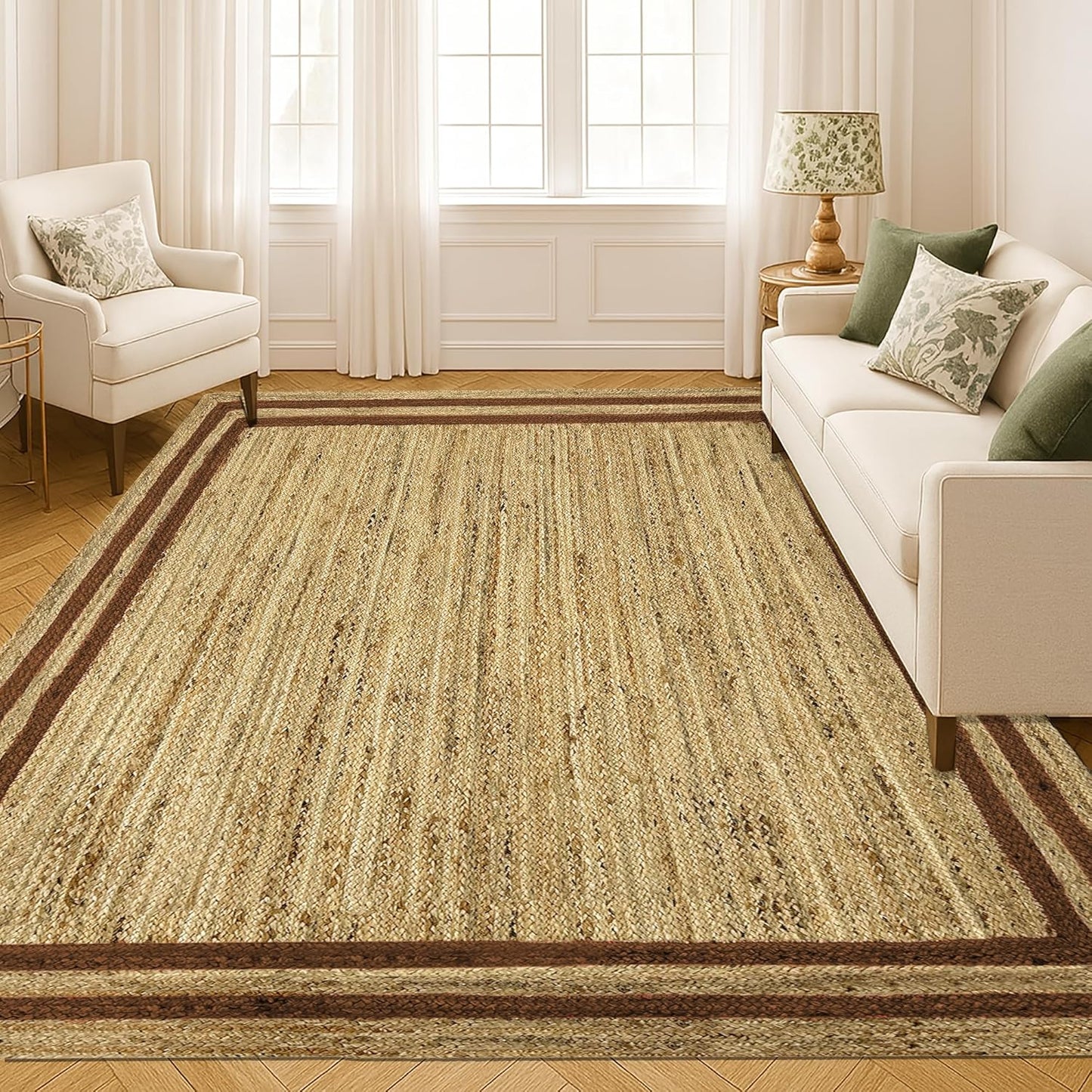 Natural Jute Area Rug with a striped design in a neutral color, perfect for living room or dining area