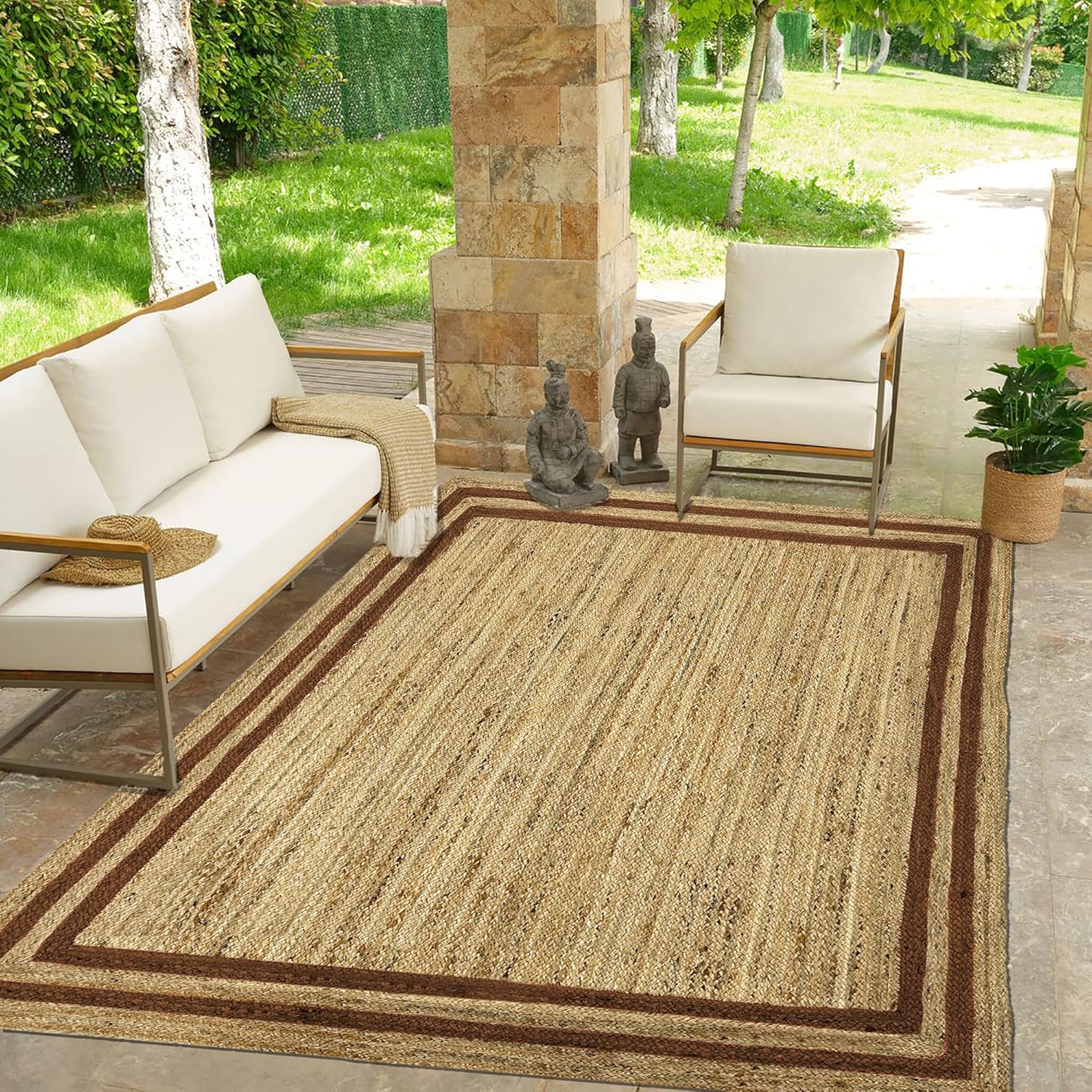 Natural Jute Area Rug with a striped design in beige and brown, perfect for outdoor seating areas.