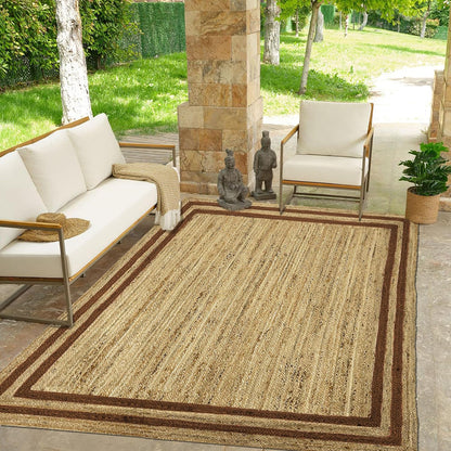 Natural Jute Area Rug with a striped design in beige and brown, perfect for outdoor seating areas.