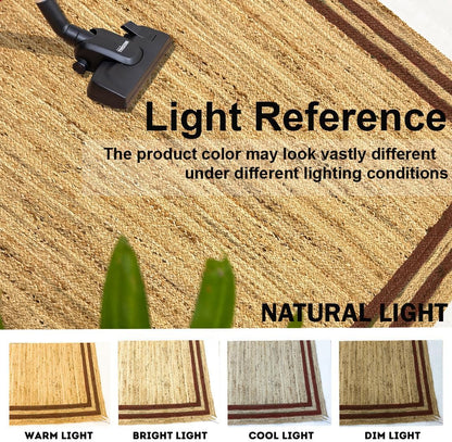 Natural Jute Area Rug with a textured surface and a subtle striped pattern, ideal for indoor spaces.