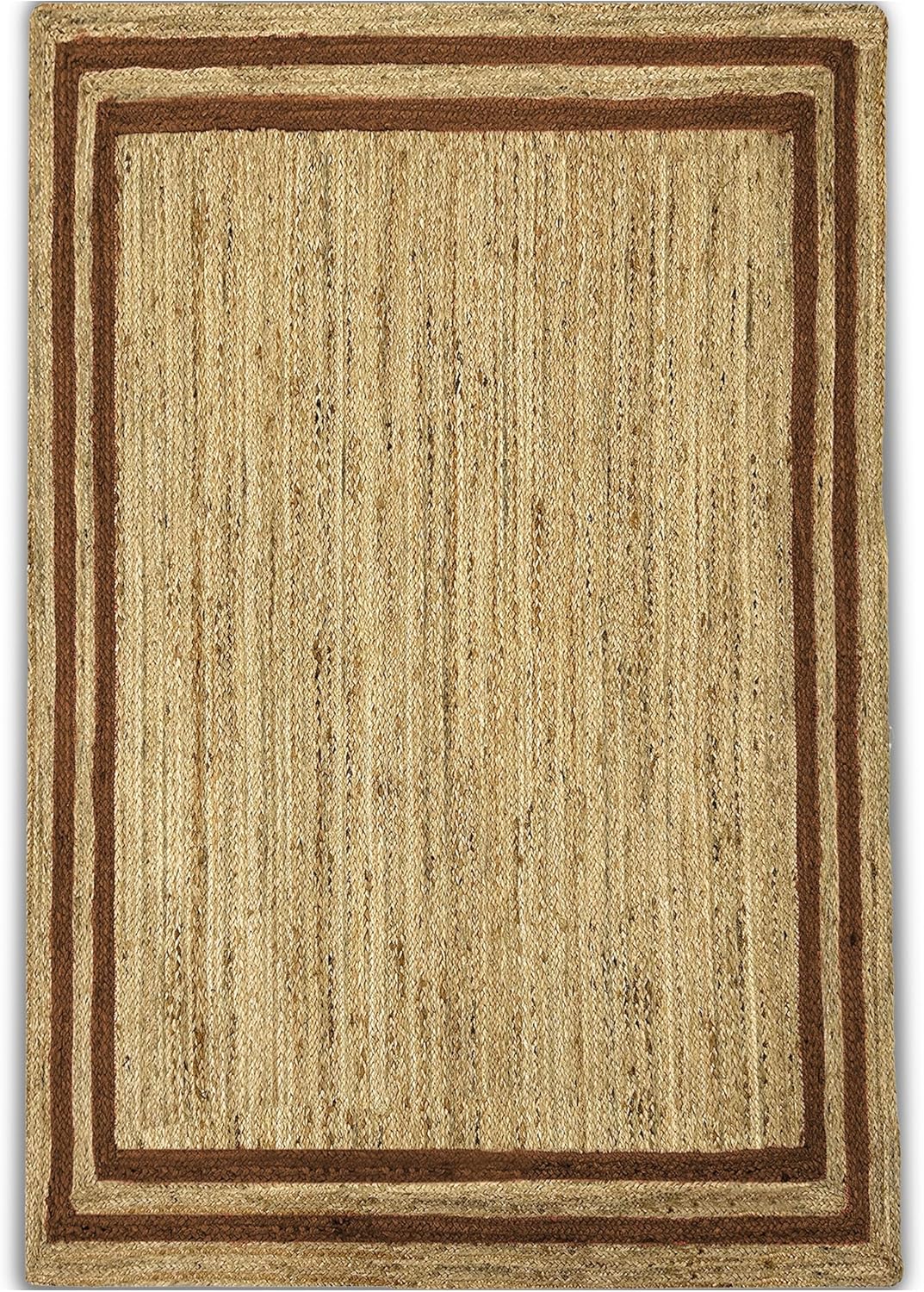 Natural Jute Area Rug with a brown border, suitable for indoor or outdoor use in various settings.