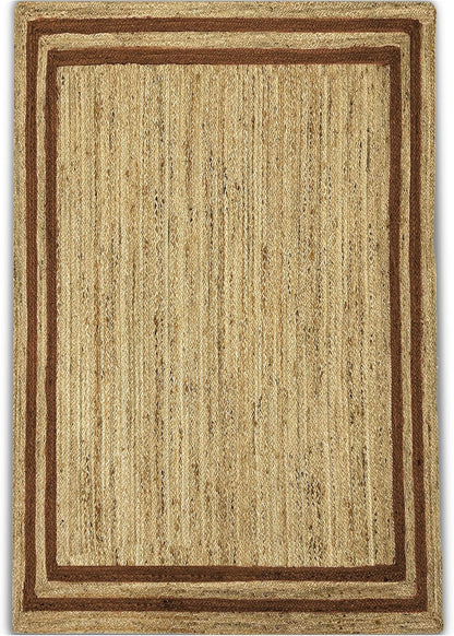Natural Jute Area Rug with a brown border, suitable for indoor or outdoor use in various settings.