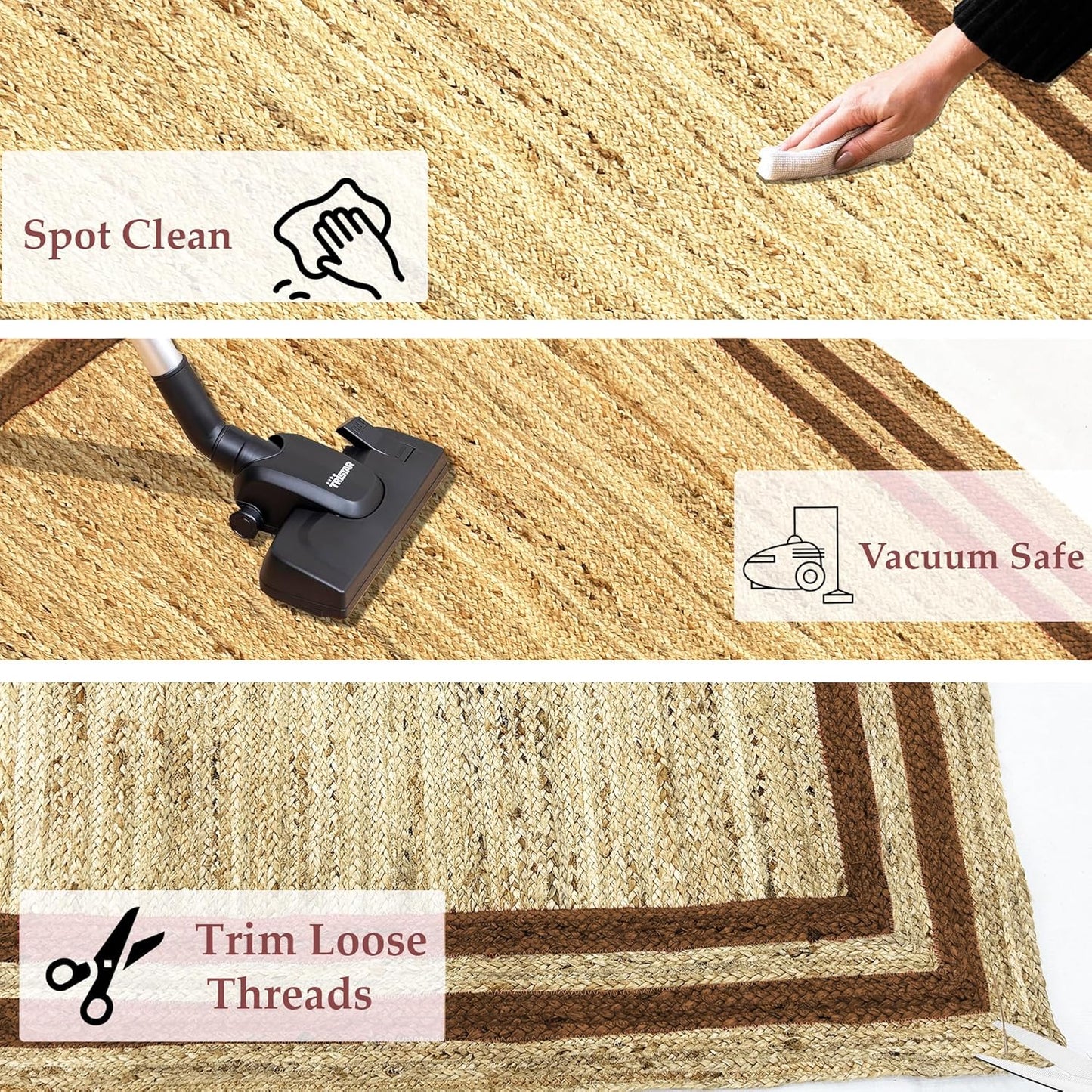Natural Jute Area Rug with a textured surface, suitable for indoor use and easy to clean.