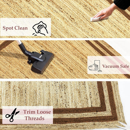 Natural Jute Area Rug with a textured surface, suitable for indoor use and easy to clean.