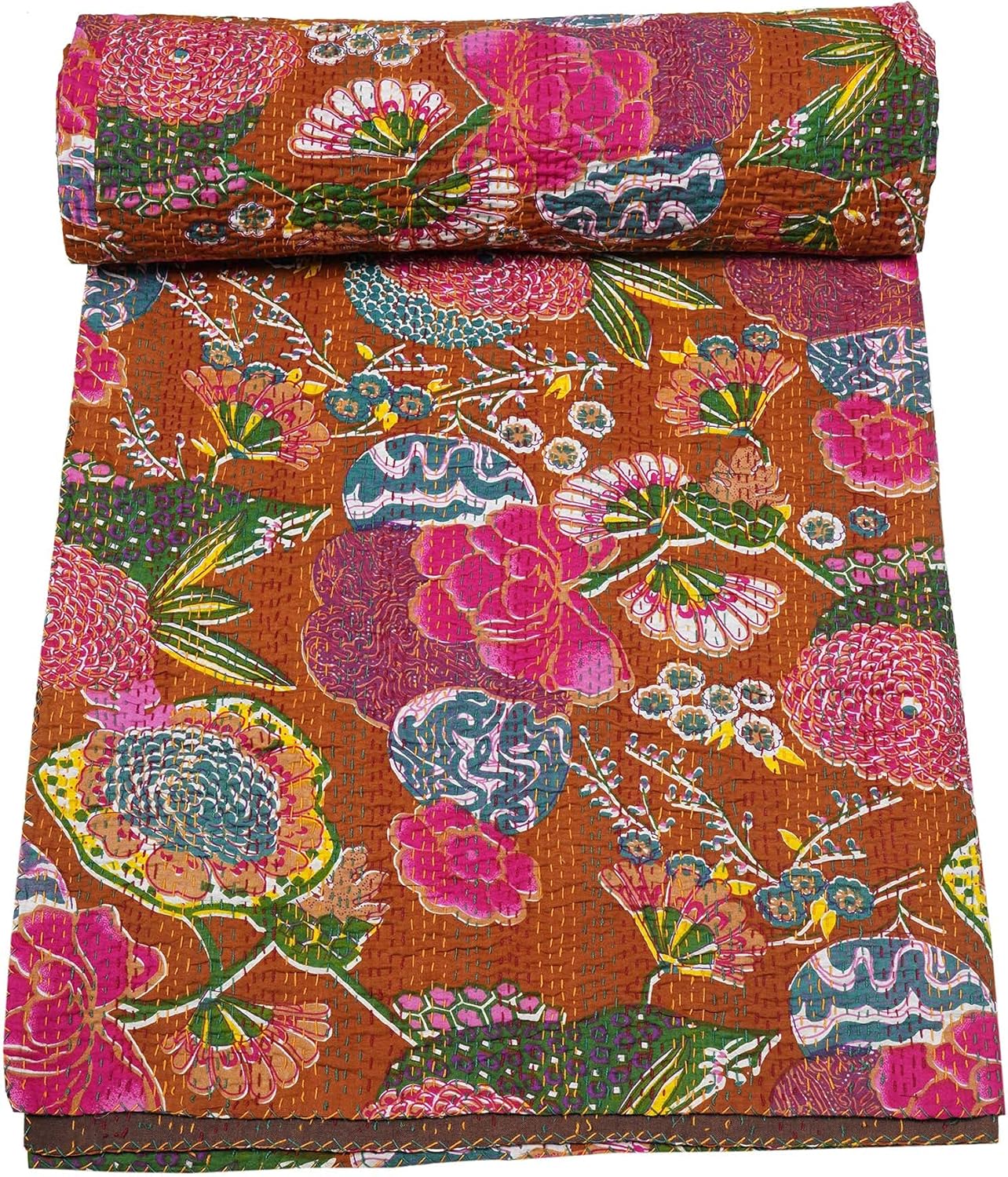 Handmade brown kantha quilt with colorful floral patterns on cotton fabric