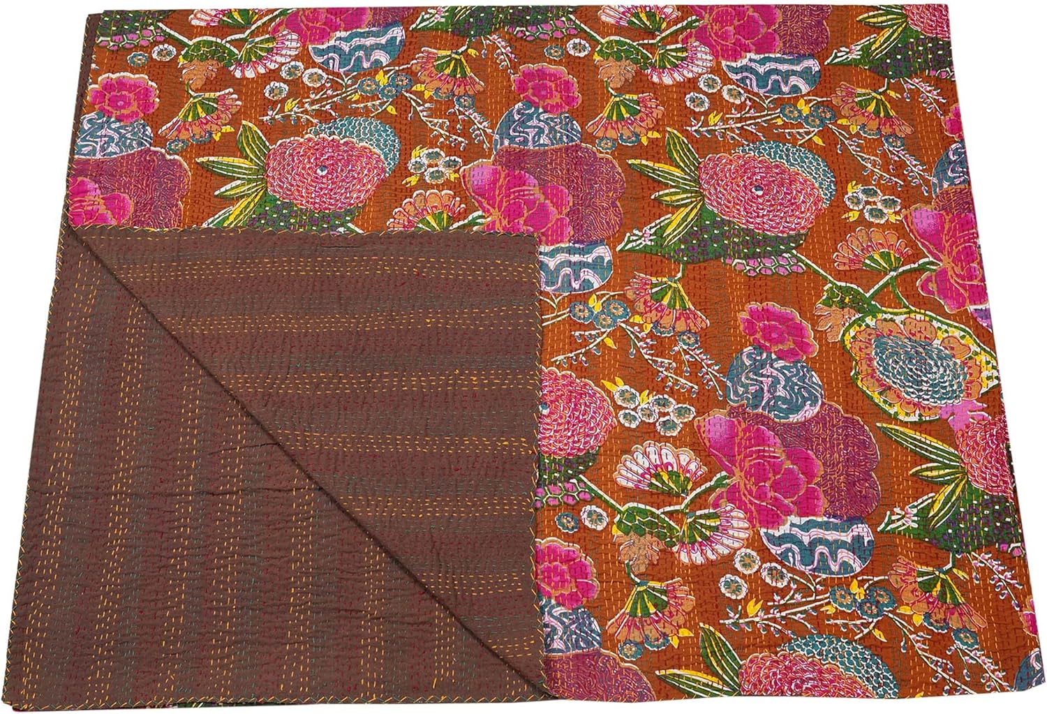 Colorful floral patterned fabric with a brown border