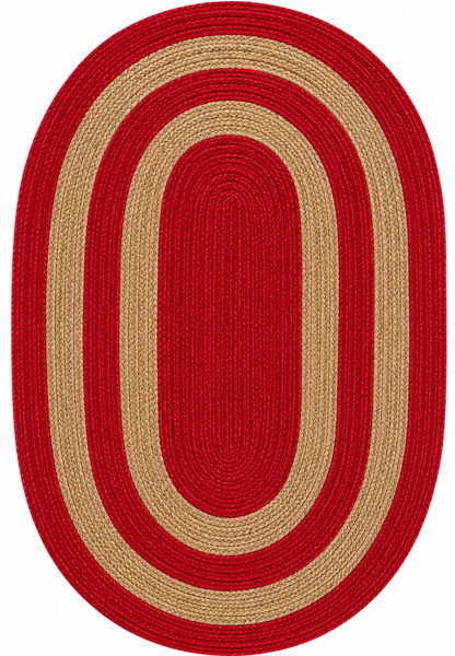 Natural Jute Area Rug with red and beige oval braided pattern, handmade Jute Runner style for indoor hallway and entryway