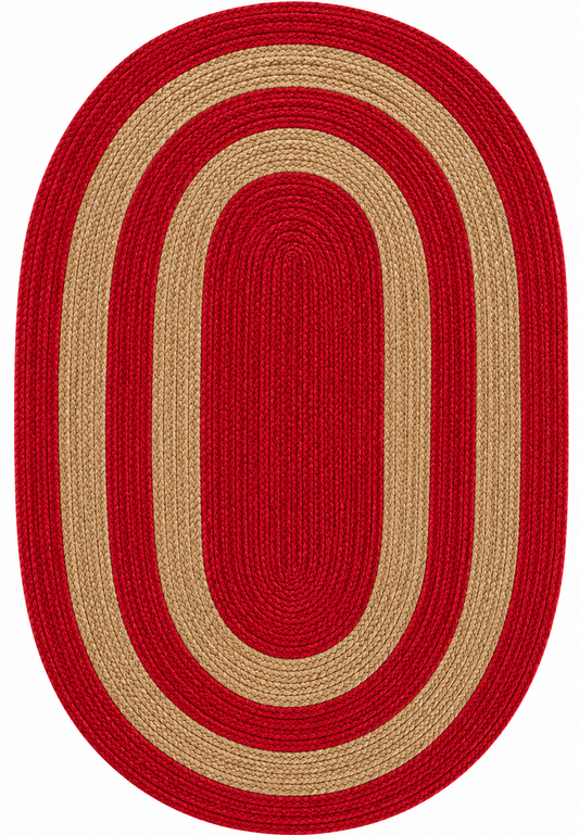 Natural Jute Area Rug with red and beige oval braided pattern, handmade Jute Runner style for indoor hallway and entryway