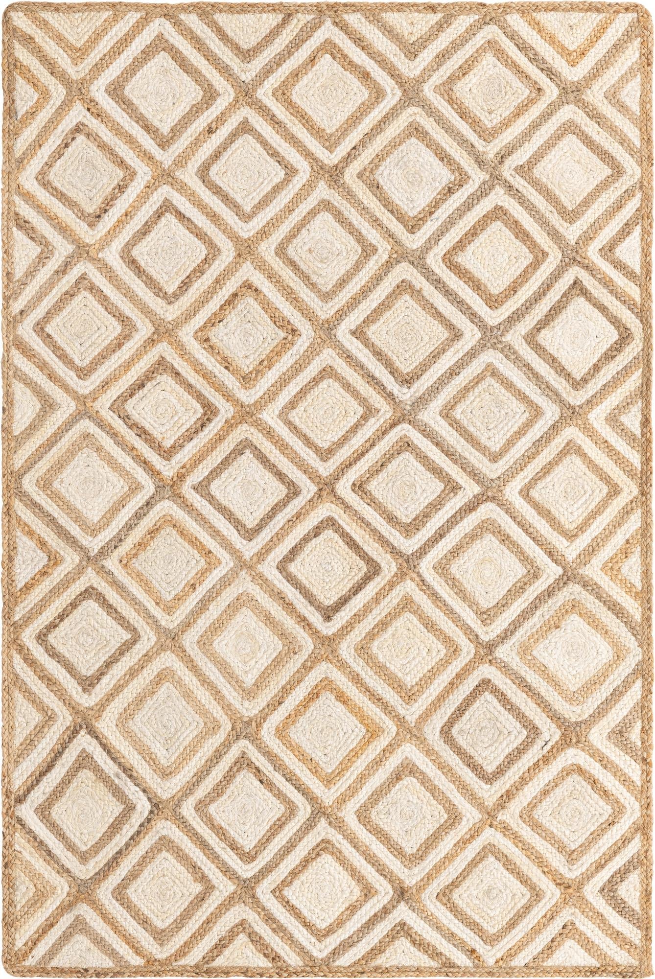 Beige and white geometric diamond patterned rug
