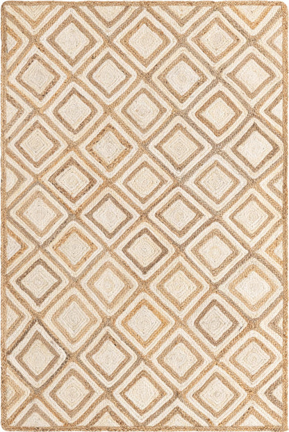 Beige and white geometric diamond patterned rug