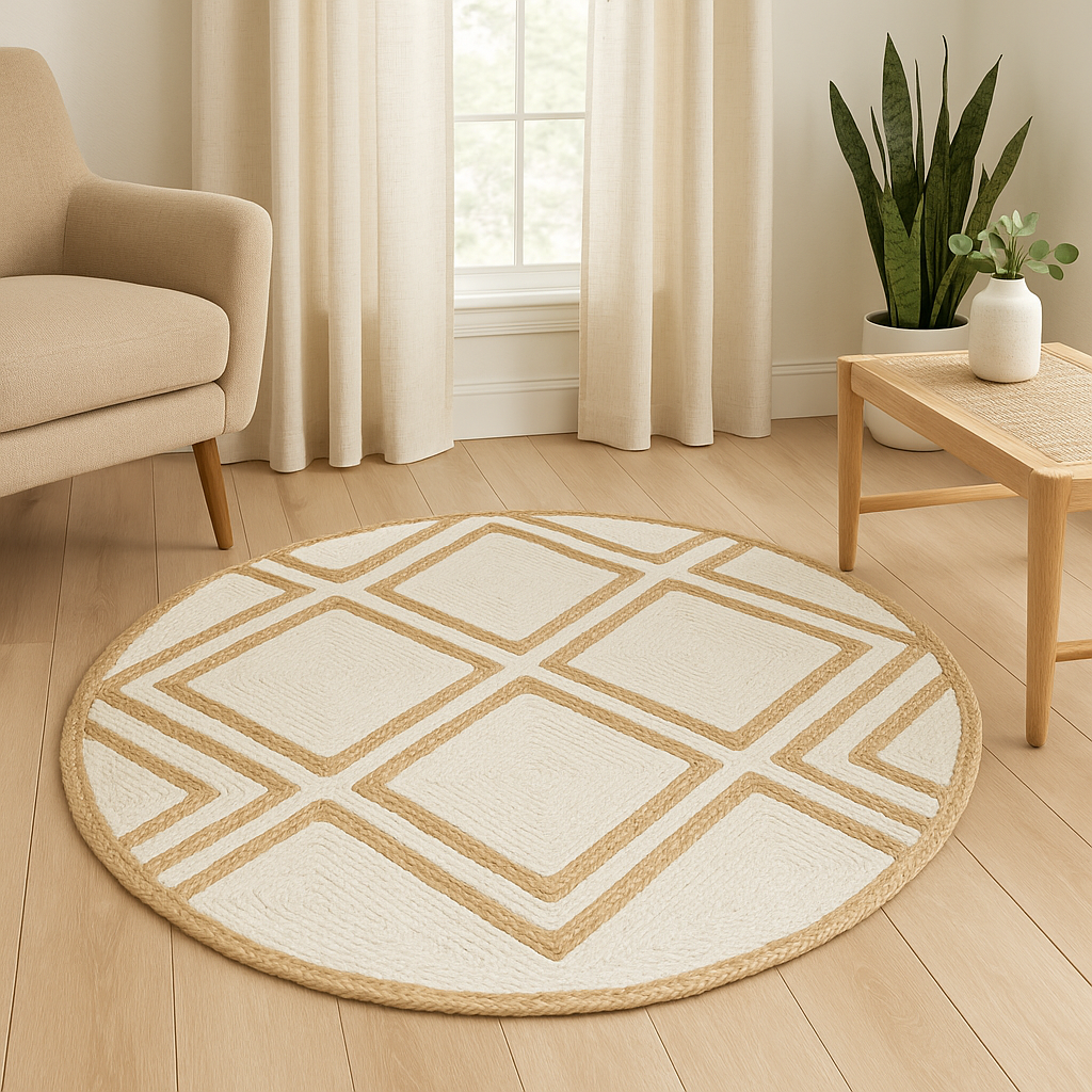 Round beige and white geometric rug on a wooden floor with a chair and plant in the background.